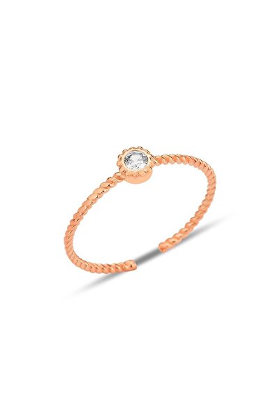 Söğütlü Silver Gümüş rose zirkon taşlı alttan ayarlanabilir burgulu tek taş y...