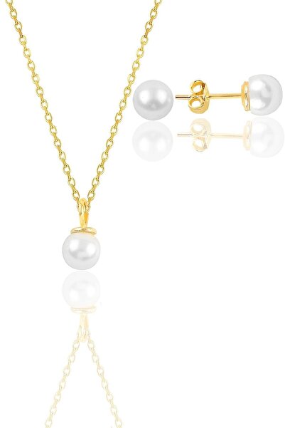 Söğütlü Silver Gümüş Altın Yaldızlı Incili Kolye Ve Küpe Ikili Set Sgtl12071gold