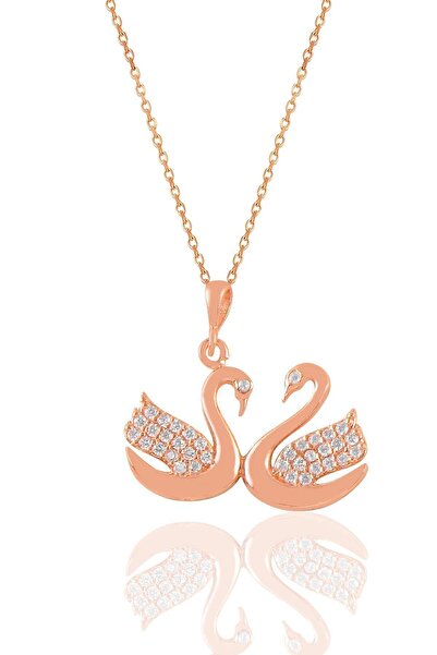 Söğütlü Silver Gümüş Rose Zirkon Taşlı Çift Kuğu Kolye Sgtl11032rose