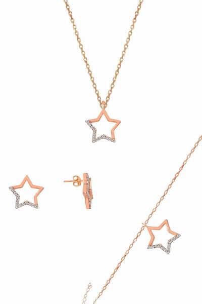 Söğütlü Silver Gümüş Rose Içi Boş Yıldız Modeli Üçlü Set Sgtl11057rose