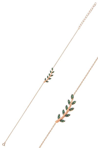 Söğütlü Silver Gümüş Rose Yeşil Taşlı Yaprak Bileklik Sgtl10291ysl