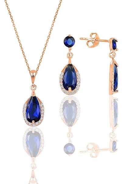 Söğütlü Silver Gümüş Rose Safir Taşlı Damla Modeli Kolye Ve Küpe Ikili Set Sg...