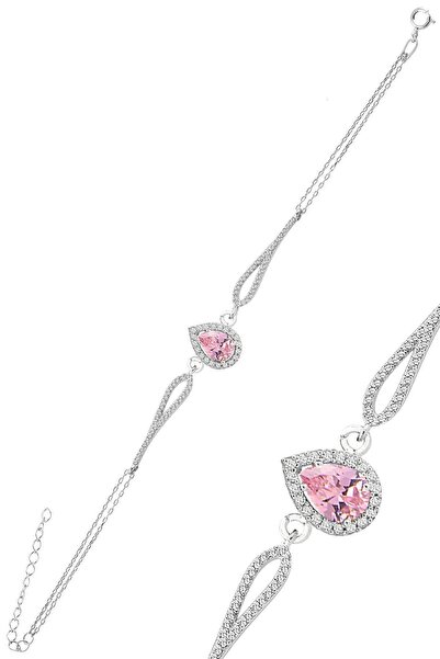 Söğütlü Silver Gümüş rodyumlu pembe zirkon taşlı pırlanta modeli damla bilekl...