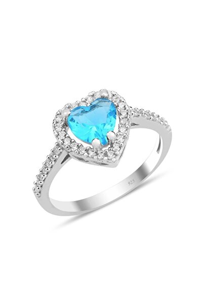 Söğütlü Silver Gümüş rodyumlu mavi taşlı pırlanta montürlü Kalp modeli yüzük ...