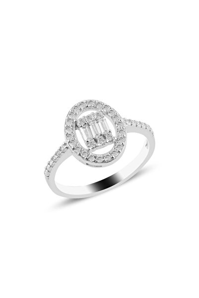 Söğütlü Silver Gümüş Rodyumlu Oval Gümüş Düz Baget Taşlı Yüzük