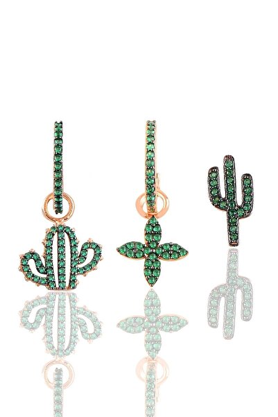 Söğütlü Silver Gümüş Rose Yeşil Taşlı Yonca Ve Kaktüslü Kombin Üçlü Küpe Seti...