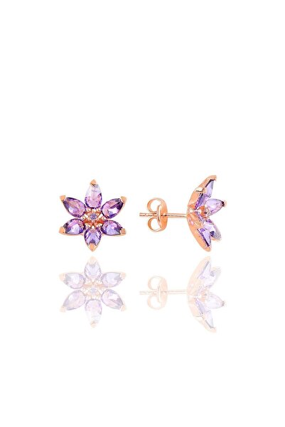 Söğütlü Silver Gümüş Rose Taşlı Nilüfer Lotus Çiçeği Küpe Sgtl10388mor