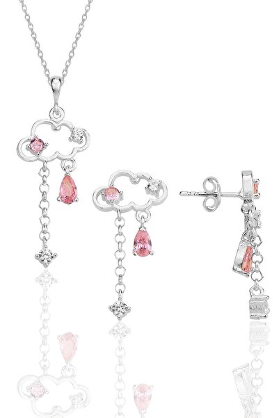 Söğütlü Silver Gümüş rodyumlu pembe zirkon taşlı bulut kolye ve küpe ikili se...