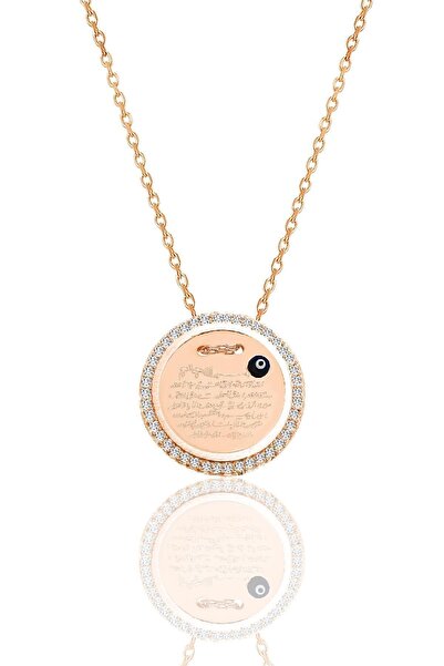 Söğütlü Silver Gümüş rose zirkon taşlı Ayetel Kürsi yazılı nazarlı plaka koly...