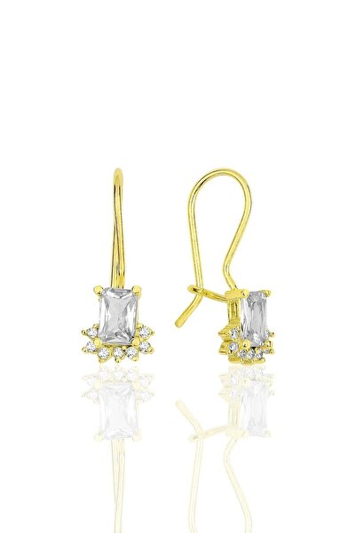 Söğütlü Silver Gümüş Altın Yaldızlı Baget Kesim Zirkon Taşlı Pırlanta Modeli Çengelli Küpe Sgtl11950gold