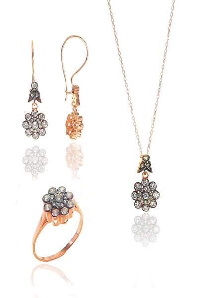 Söğütlü Silver Gümüş Rose Zirkon Taşlı Elmas Montürlü Çiçek Modeli Set