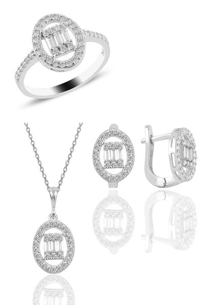 Söğütlü Silver Gümüş Rodyumlu Oval Gümüş Düz Baget Taşlı Üçlü Set Sgtl10735