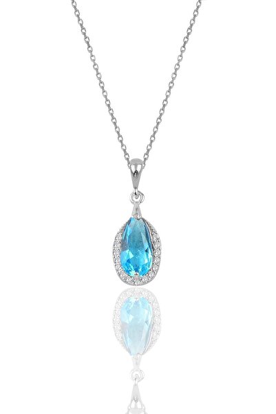 Söğütlü Silver Gümüş Rodyumlu Akuamarin Ve Zirkon Taşlı Damla Modeli Kolye Sgtl12076mavı
