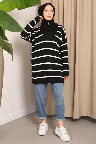 İmajButik Black Collar Zippered Striped Knitwear Tunic