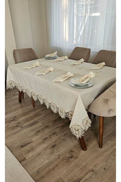 ZESA HOME Lux Gardenia - Față de masă din in pentru 8 persoane, 18 bucăți - R...