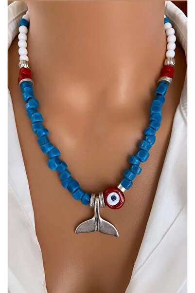 TARZ-I TAKI قلادة نسائية مصنوعة يدويًا من خرز بودروم الأزرق على شكل ذيل السمك...