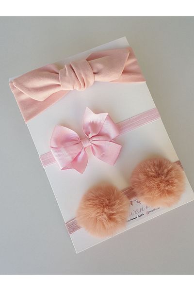 swan butik Bandană pentru fetiță cu fundă roz și ureche de iepure - pompon piersic