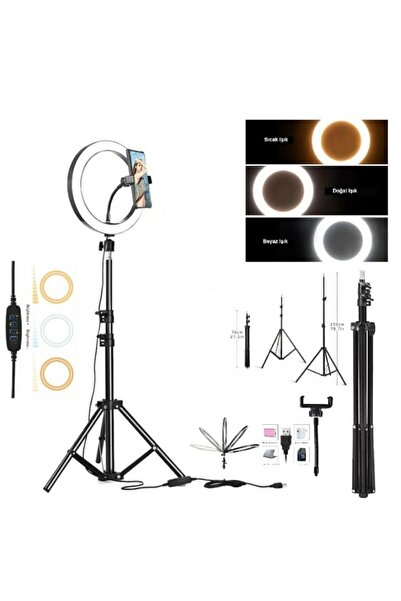 asua Led Tripod Işıklı Telefon Tutucu Makyaj Işığı Ring Light 14 Inç + 2.1 Me...