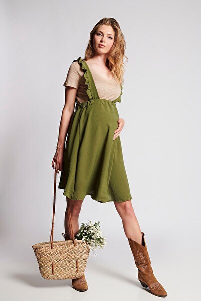 LYN MAMA SCARLETT Άνετη χακί φούστα εγκυμοσύνης με βολάν και τιράντες