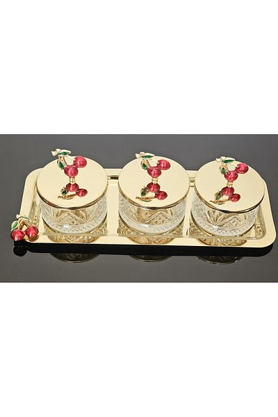 atabey home collection طقم أوعية صينية ذهبية بلون الكرز مكون من 3 قطع - وعاء سكر وعرض ووعاء للوجبات الخفيفة