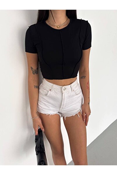 veira Reverse Stitch Crew Neck Twisted Fabric Crop