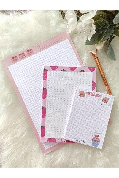 Flowery Paper Çilek 3'lü Notepad Set - Memopad,Check List ,Not Defteri ,Bloknot ,Not kağıdı, Haftalık planlayıcı