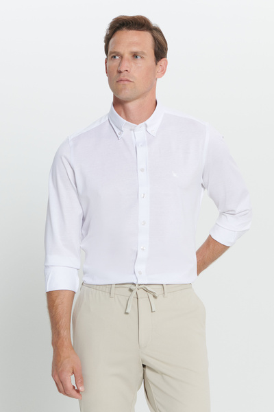 ALTINYILDIZ CLASSICS White Slim Fit Knitted Shirt - Buttoned Collar