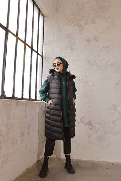 ARL Fashion Hooded Long Puffer Vest with Fur Detail