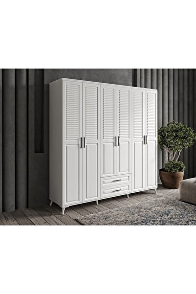 GuneyStore Ücretsiz Montaj Sanat 6 Kapaklı Komple Mdf Beyaz Gardırop
