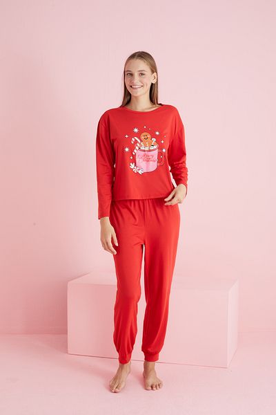 Siyah İnci New Year's Red Themed Printed Cotton Pajamas Set - 7787
