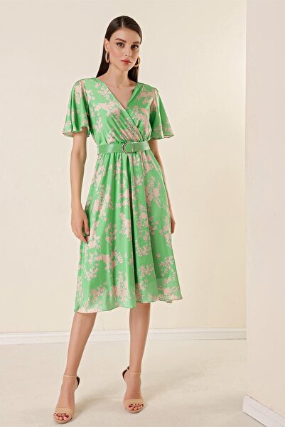 By Saygı Μπροστινό πίσω, με διπλό στήθος, φλοράλ σατέν φόρεμα με λαιμόκοψη