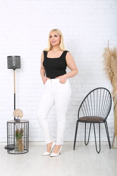 HÜLYA BUTİK Bone White High Waist Leg Tassel Detailed Jeans Trousers