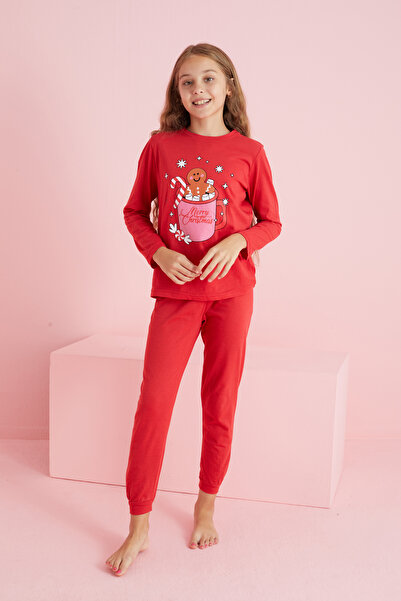 Siyah İnci Újévi piros témájú nyomtatott pamut pizsama szett - 7787