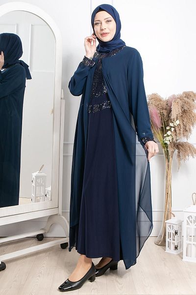 SUBU TASARIM Navy Blue Sequin Sequin Evening Dress - Tbs2305