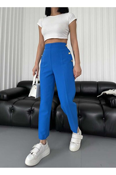 CESS -3053 WOMEN'S WAIST RUBBERED FRONT POCKET BUTTON DETAIL SLIM TROUSERS