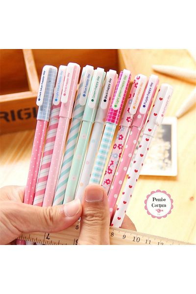 Pembe Çarşı Colorful 10-Piece Gel Pen Set with Heart and Flowers