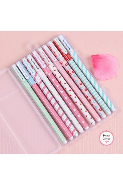 Pembe Çarşı Colorful 10-Piece Gel Pen Set with Heart and Flowers