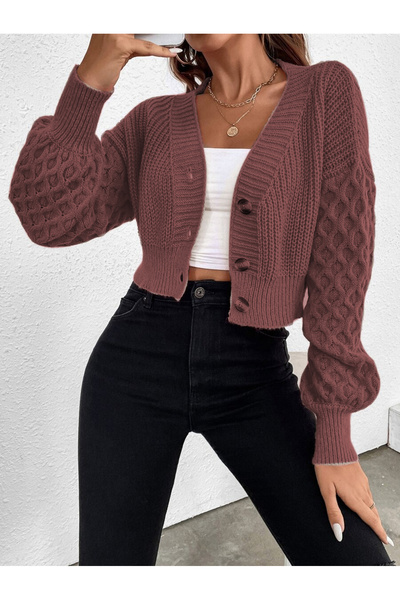 citystyle Tarçın Renkli V Yaka Desenli Triko Crop Hırka