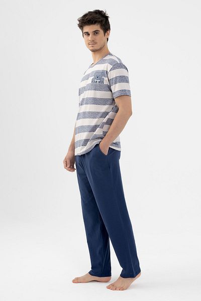 koza iç giyim Men's Cotton Striped Patterned Teddy Bear Printed Short Sleeve Pajama Set