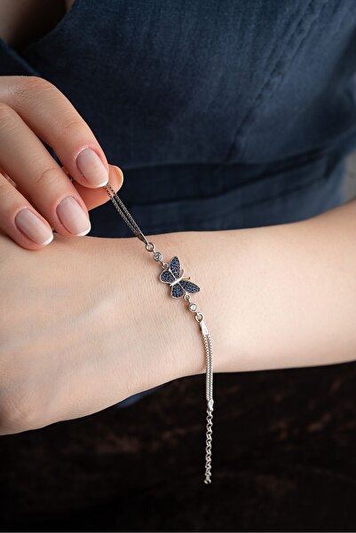 Nereze 925 Ayar Gümüş Mavi Taşlı Kelebek Bileklik