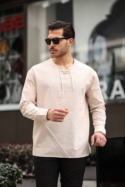 OTAKU Ανδρικό λινό πουκάμισο Oversize - Αχλάδι γιακά