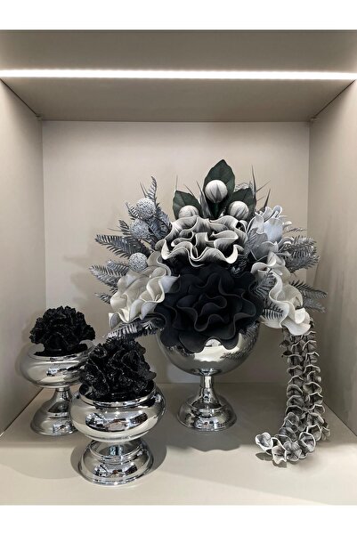 TASARIMHMODA Yapay Çiçekli Gümüş Yuvarlak Vazo 3 Parça Set No:2