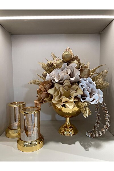 TASARIMHMODA Yapay Çiçekli Gold Yuvarlak Vazo 3 Parça Set No:4