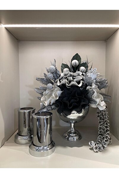 TASARIMHMODA Yapay Çiçekli Gümüş Yuvarlak Vazo 3 Parça Set No:3