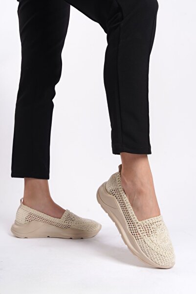 Limeo Κρεμ ψηλή αθλητική σόλα με δαντέλα με μοτίβο καλοκαιρινά καθημερινά γυναικεία παπούτσια μπαλαρίνας