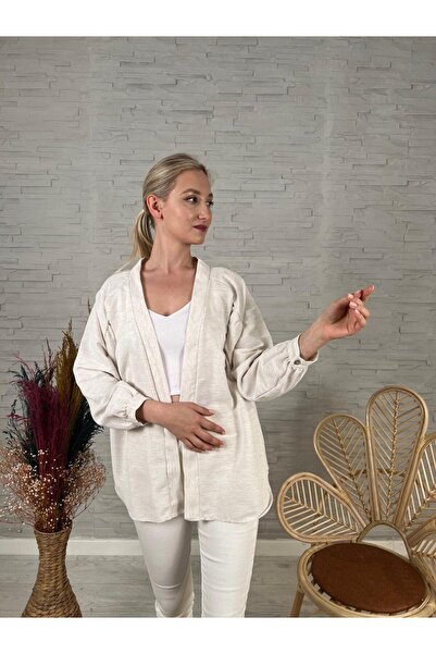 DUAZ Beige Linen Kimono - 100% Cotton, Colorful Cuff, Back Embroidered Raglan Sleeve