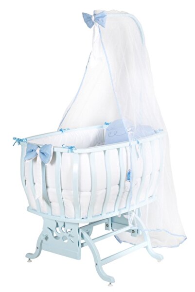 Setay Doğal Ağaç Beşik, Otantik Sallanan Beşik + Uyku Seti + Cibinlik - Mavi