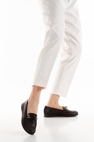 Limeo Mother's Day Special Black Women's Chain Detailed Soft Lightweight Summer Loafer Daily Ballerina Mother's Shoes