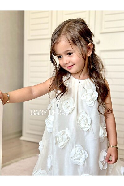 Baby Berry Baby store Ecru Colored Baby Girl Special Occasion Dress - Three-Dimensional Rose Detail and Floral Pattern