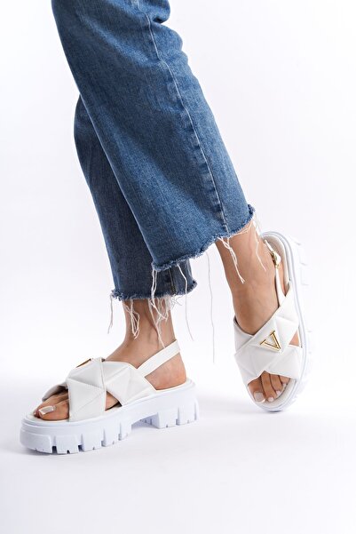 Limeo Gold V Logo Detailed White Puff Summer Women's Sandals - High Soft Sole